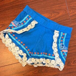 Disney Stitch Blue Embroidered Shorts with Lace Trim